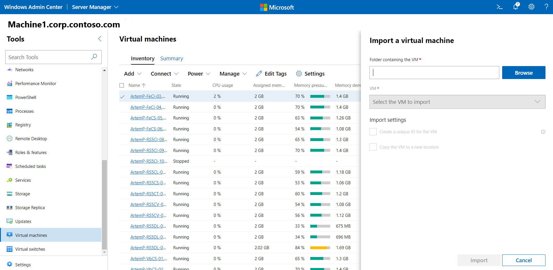 Bildschirm zum Importieren von VMs