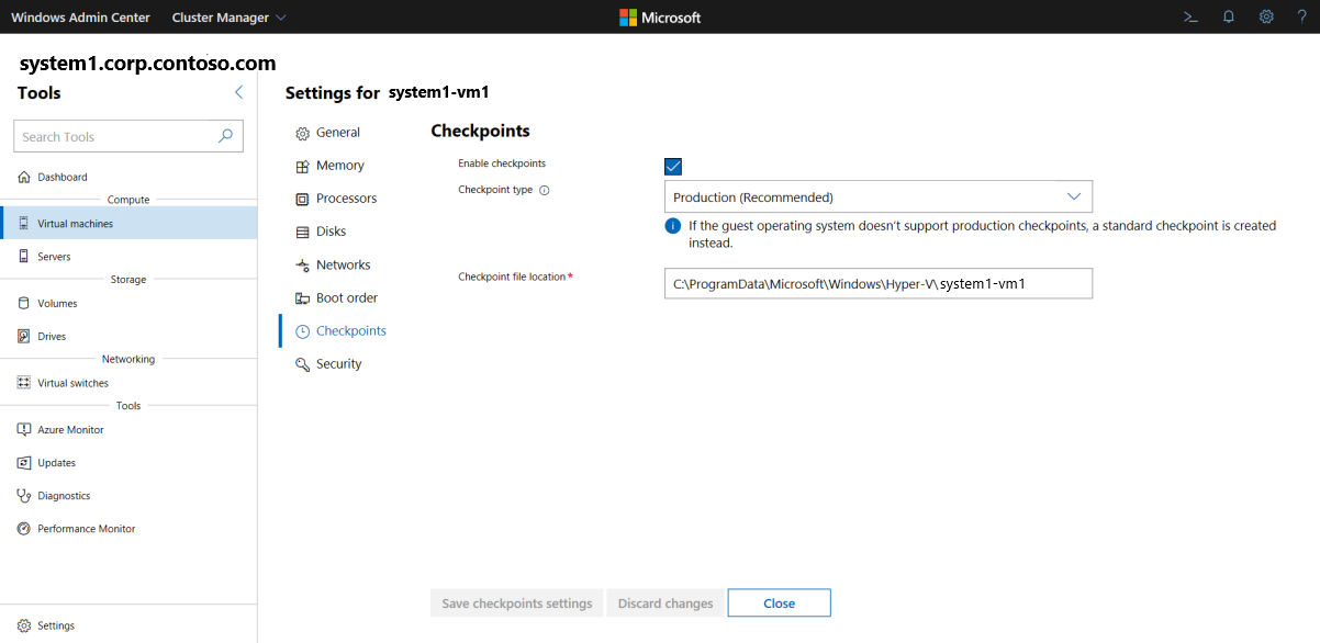 Bildschirm zum Ändern von VM-Prüfpunkten