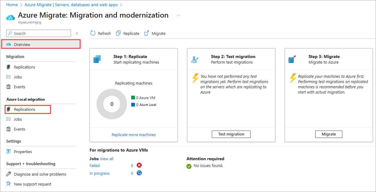 Screenshot der lokalen Azure-Migrationsreplikationen > in Azure-Portal.