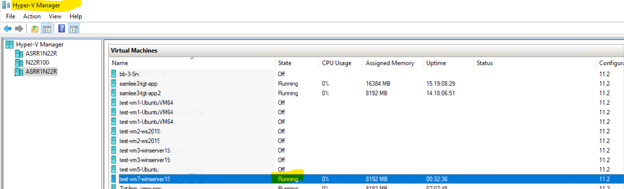 Screenshot des Vm-Energiezustands im Hyper-V-Manager.