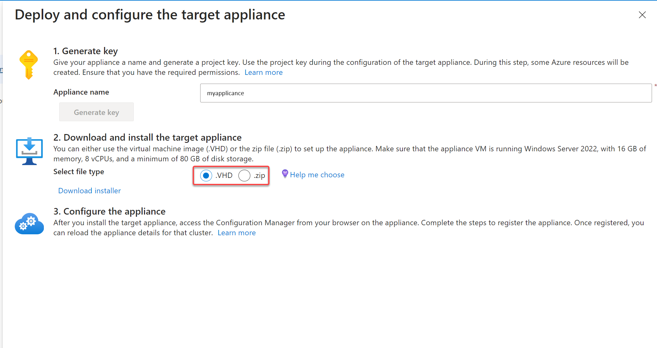 Screenshot der Downloadziel-Appliance Schritt 2.