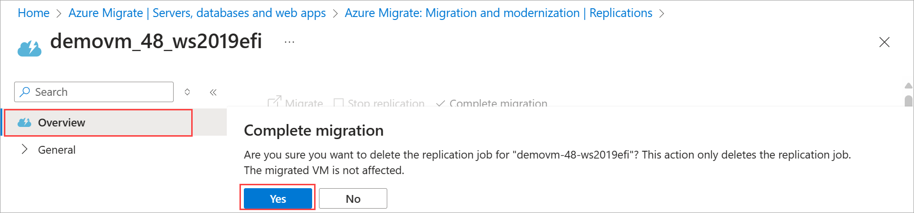 Screenshot der Bestätigung zum Abschließen der Migration in Azure-Portal.