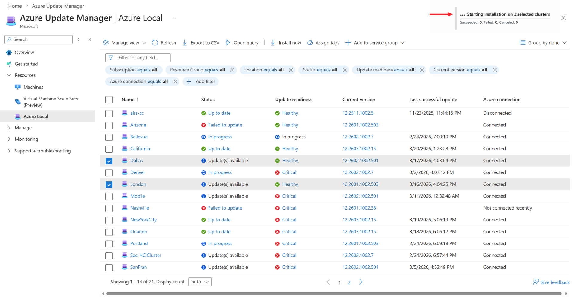 Screenshot des Benachrichtigungssymbols beim Installieren von Systemupdates in Azure Update Manager.