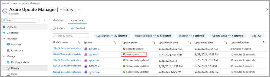 Screenshot zum Anzeigen des Fortschritts von Systemupdates in Azure Update Manager.