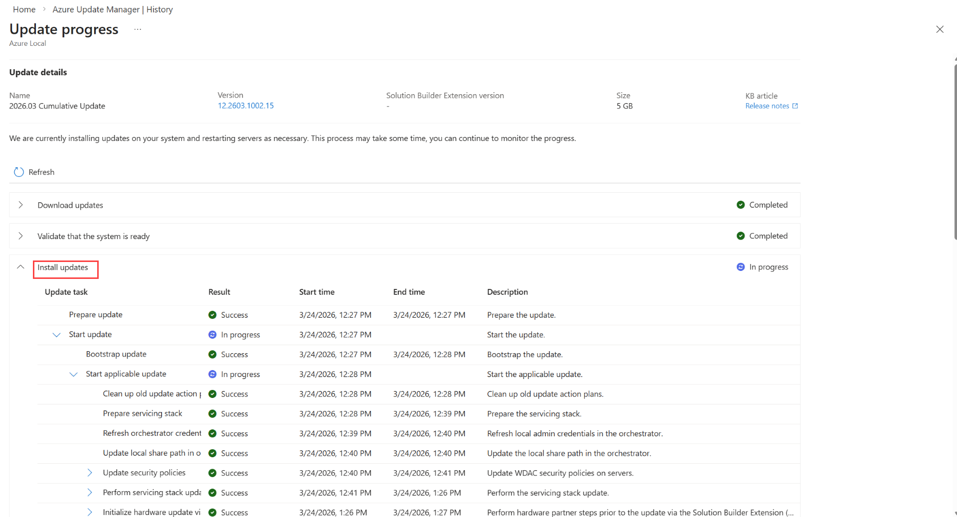 Screenshot zum Anzeigen des Updatefortschritts in Azure Update Manager.