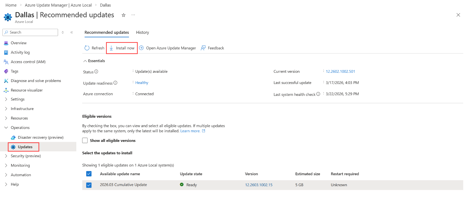 Screenshot eines einmaligen Systemupdates in Azure Update Manager.