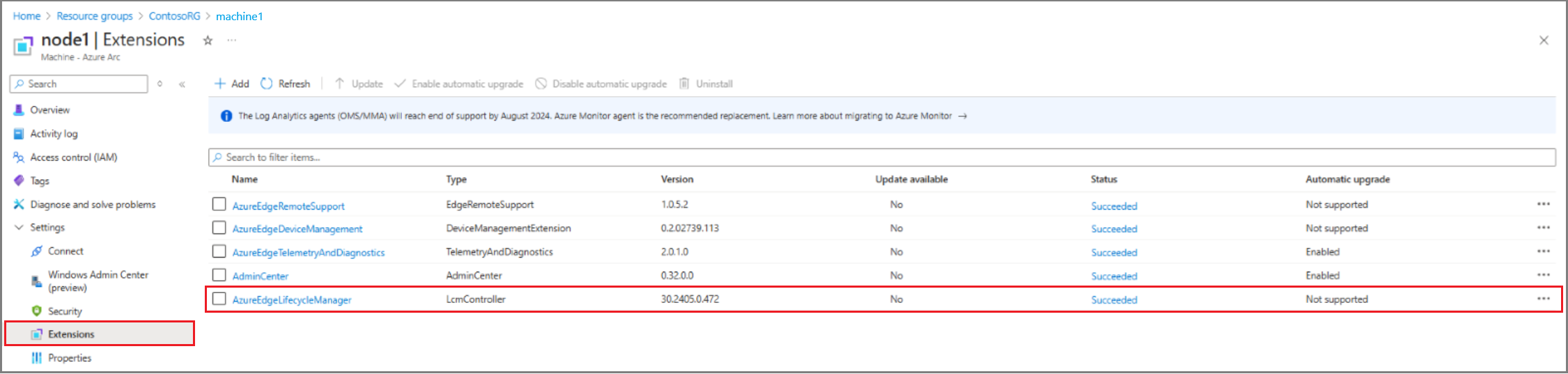 Screenshot der Listenansicht für Azure Arc-Erweiterungen.