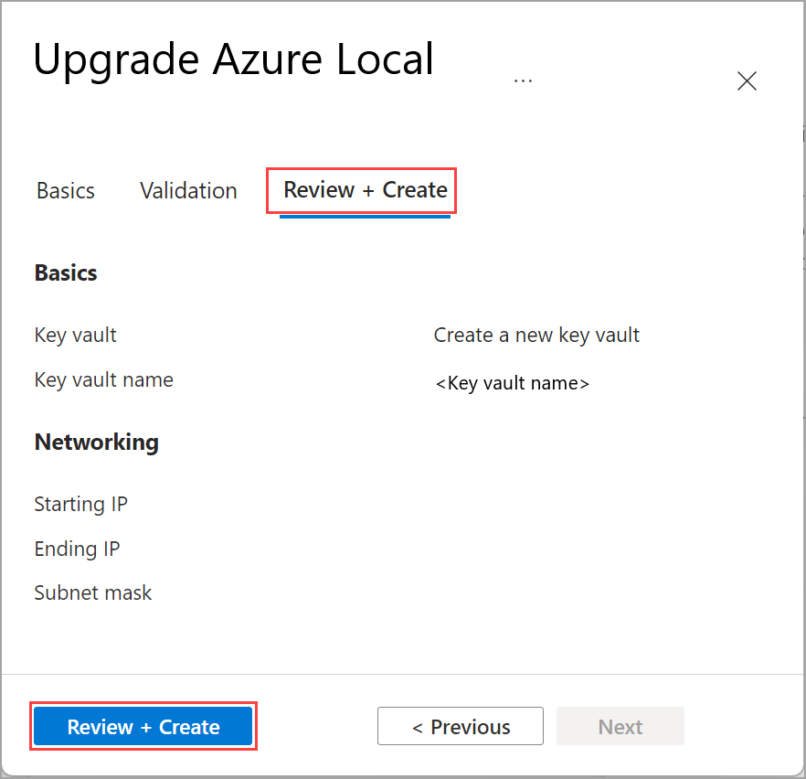 Screenshot der Registerkarte „Azure Local-Upgrade – Überprüfen und Erstellen“.