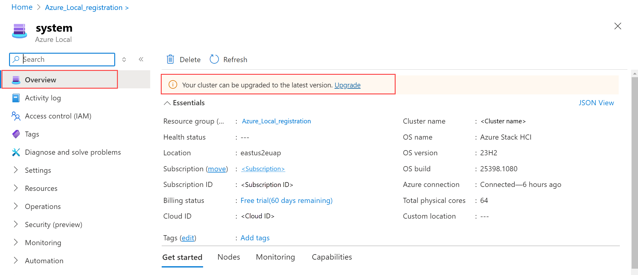 Screenshot der Seite „Azure Local-Übersicht” mit dem Banner „Upgrade verfügbar”.