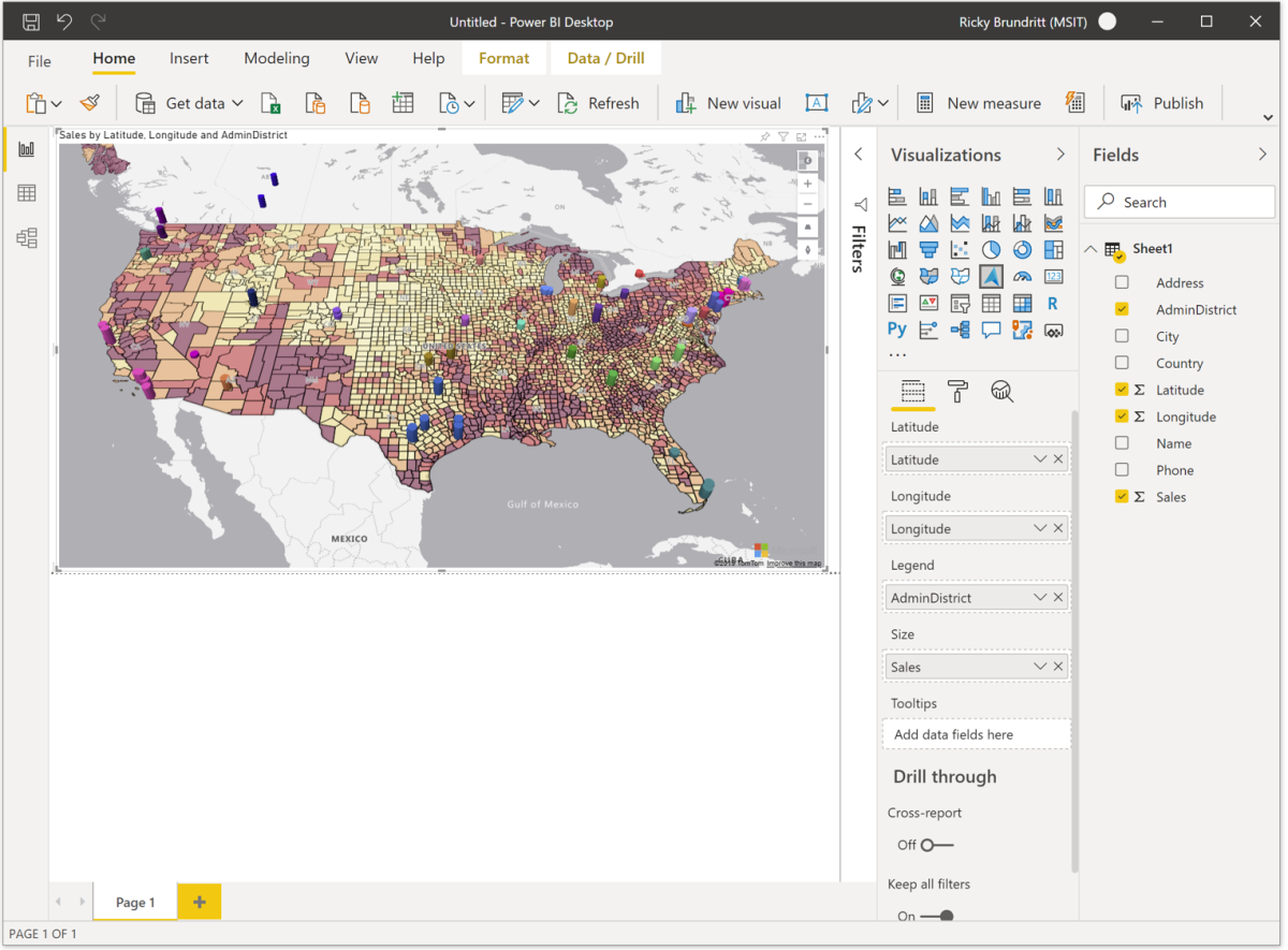Power BI desktop with the Azure Maps Power BI visual displaying business data.