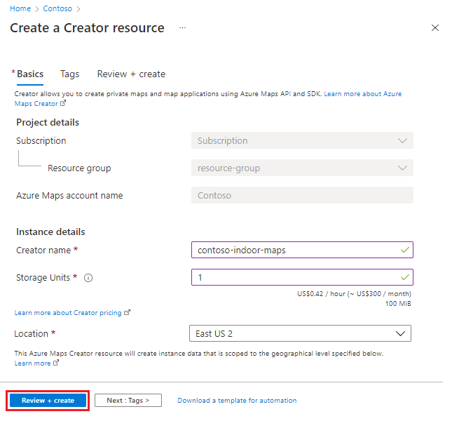 A screenshot of the Azure Maps Create a Creator resource page showing the Creator name, storage units and location fields with suggested values and the Review + create button highlighted.