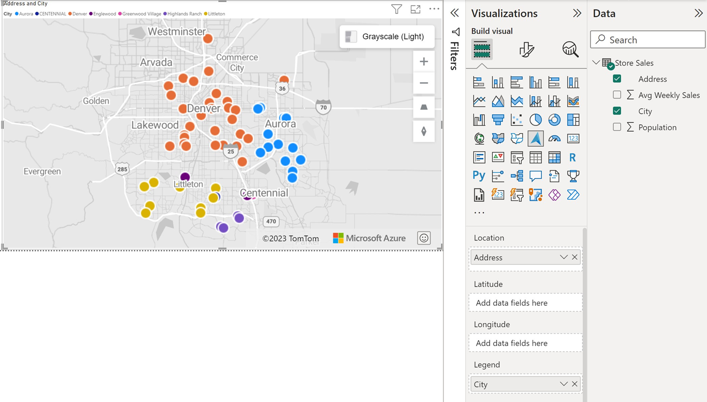 Screenshot: Azure Maps-Visual mit farbiger Blasendarstellung von Punkten auf der Karte nach Angabe des Legendenfelds.