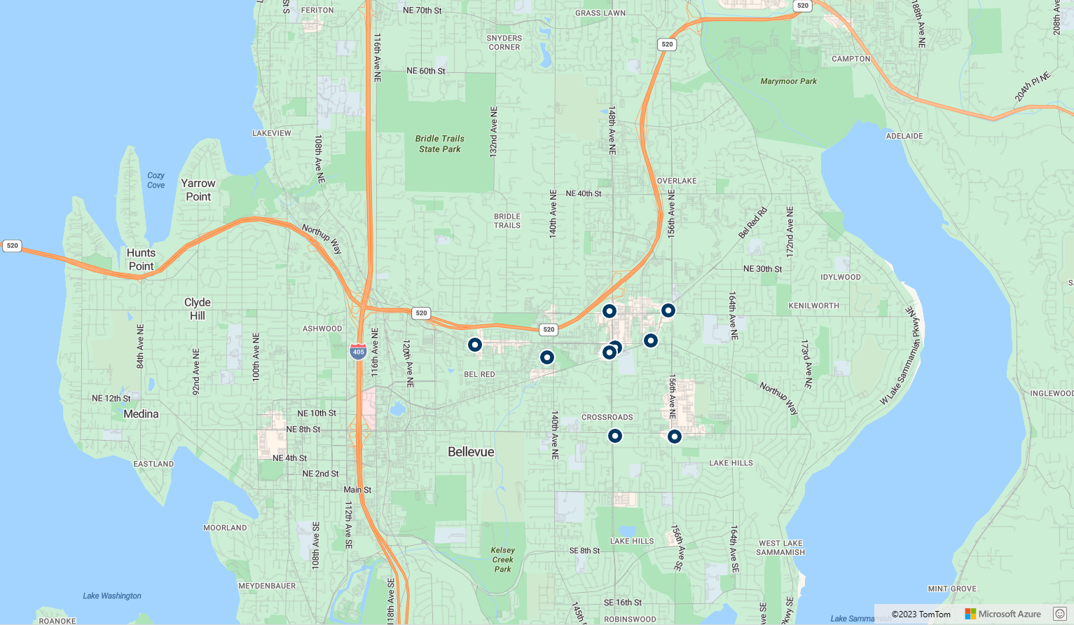 Ein Screenshot zeigt die Zuordnung resultierend von der Suche, welche eine Zuordnung, die Seattle mit rund-blauen Markierungen an Standorte der Tankstellen an.