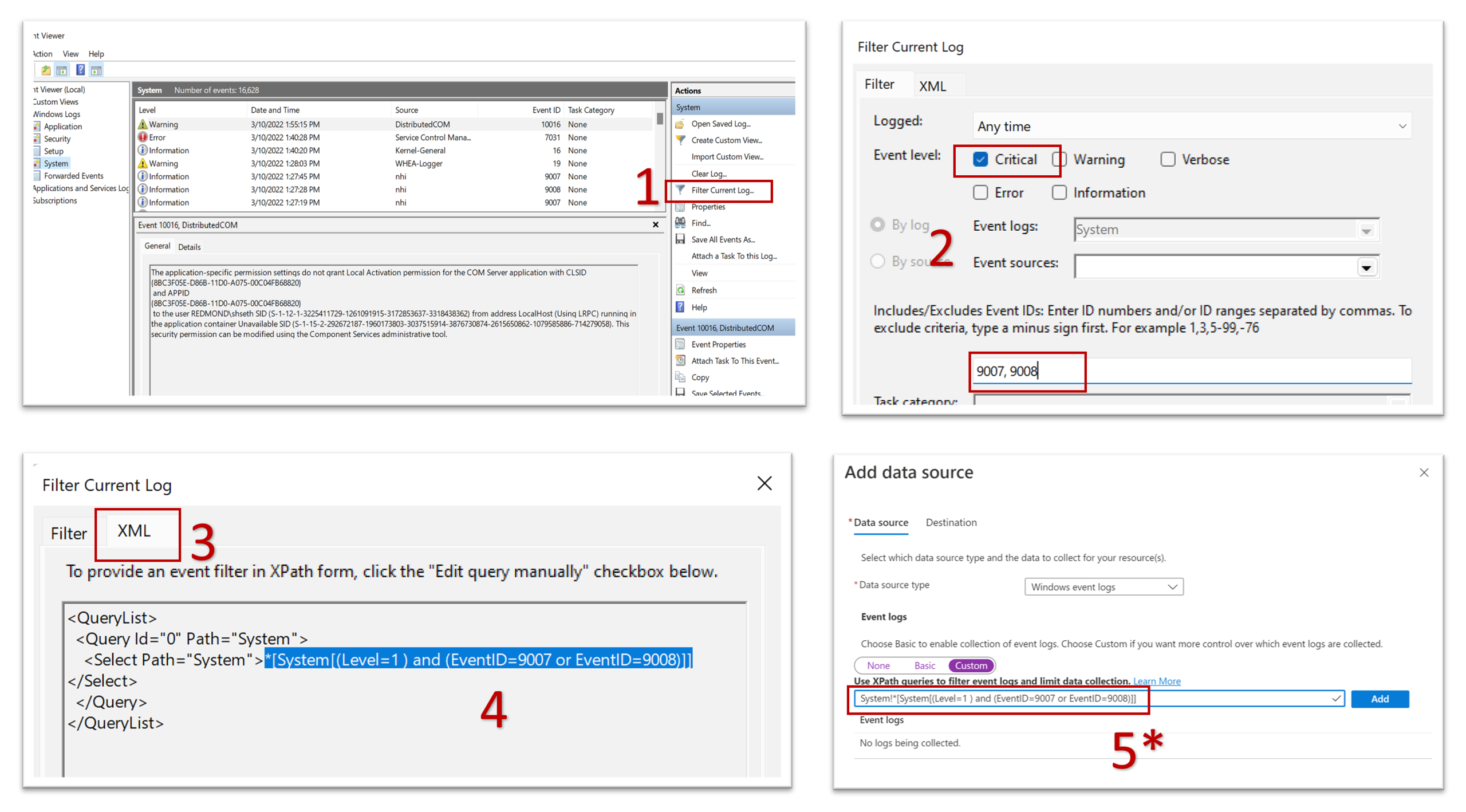 Screenshot der Schritte im Azure-Portal mit den Schritten zum Erstellen einer XPath-Abfrage in der Windows-Ereignisanzeige.