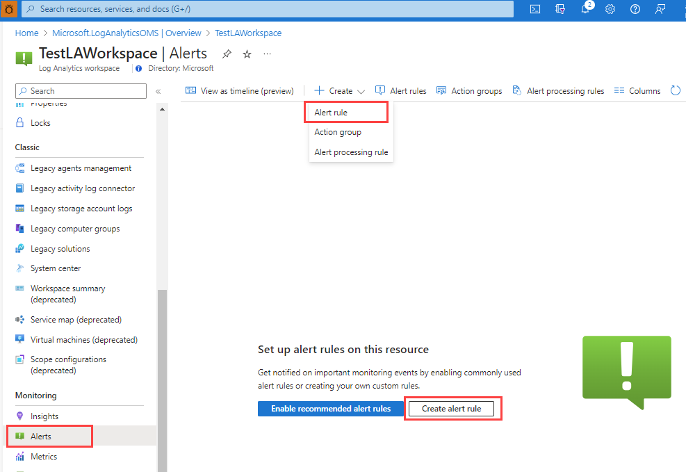 Screenshot that shows steps to create a new alert rule from a selected resource.