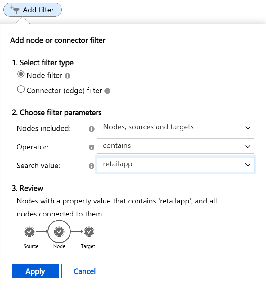 Screenshot that shows how to configure a node filter to match the text 'retailapp'.