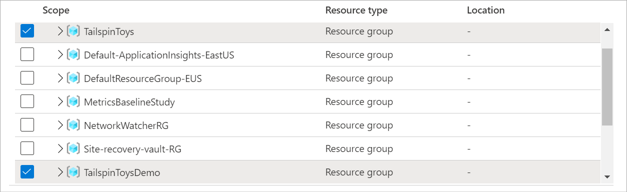 Screenshot: Abfragen von Metriken für mehrere Ressourcengruppen.