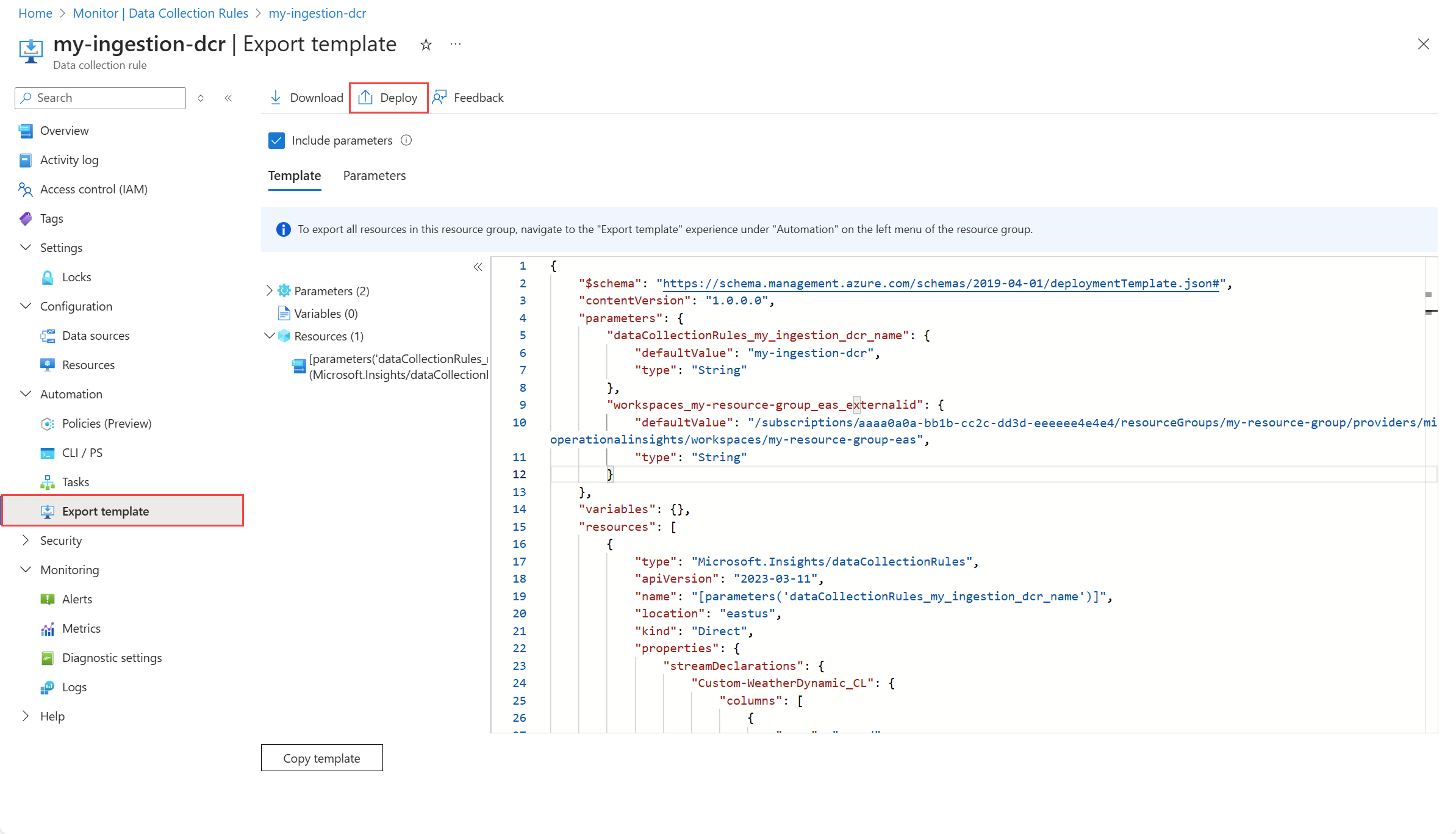 Screenshot der Option „Vorlage exportieren“ für eine Datensammlungsregel im Azure-Portal.