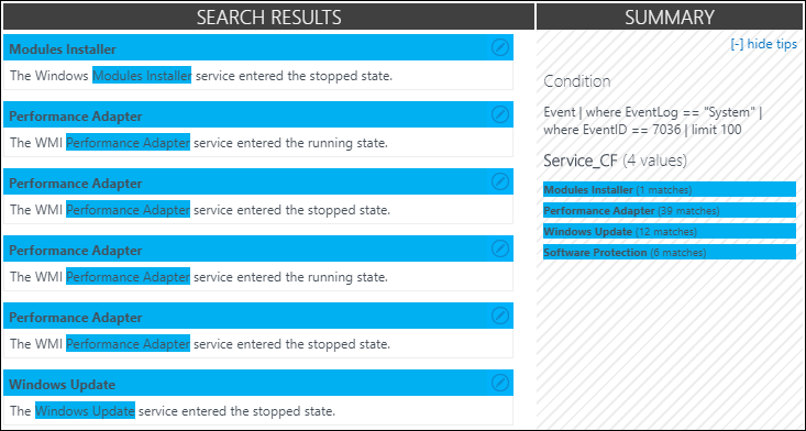 Screenshot showing portions of the service name highlighted in the Search Results pane and one incorrect service name highlighted in the Summary.