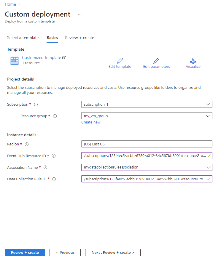 Screenshot des Bildschirms „Bereitstellung einer benutzerdefinierten Vorlage“ mit den Bereitstellungswerten für die Einrichtung der Zuordnung der Datensammlungsregel in diesem Tutorial.