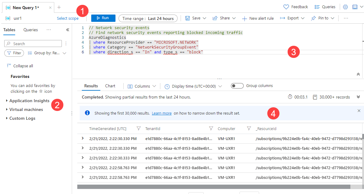 Screenshot that shows the Log Analytics interface with four features identified.
