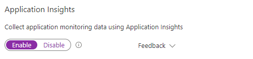 Screenshot, der das Aktivieren von Application Insights anzeigt.