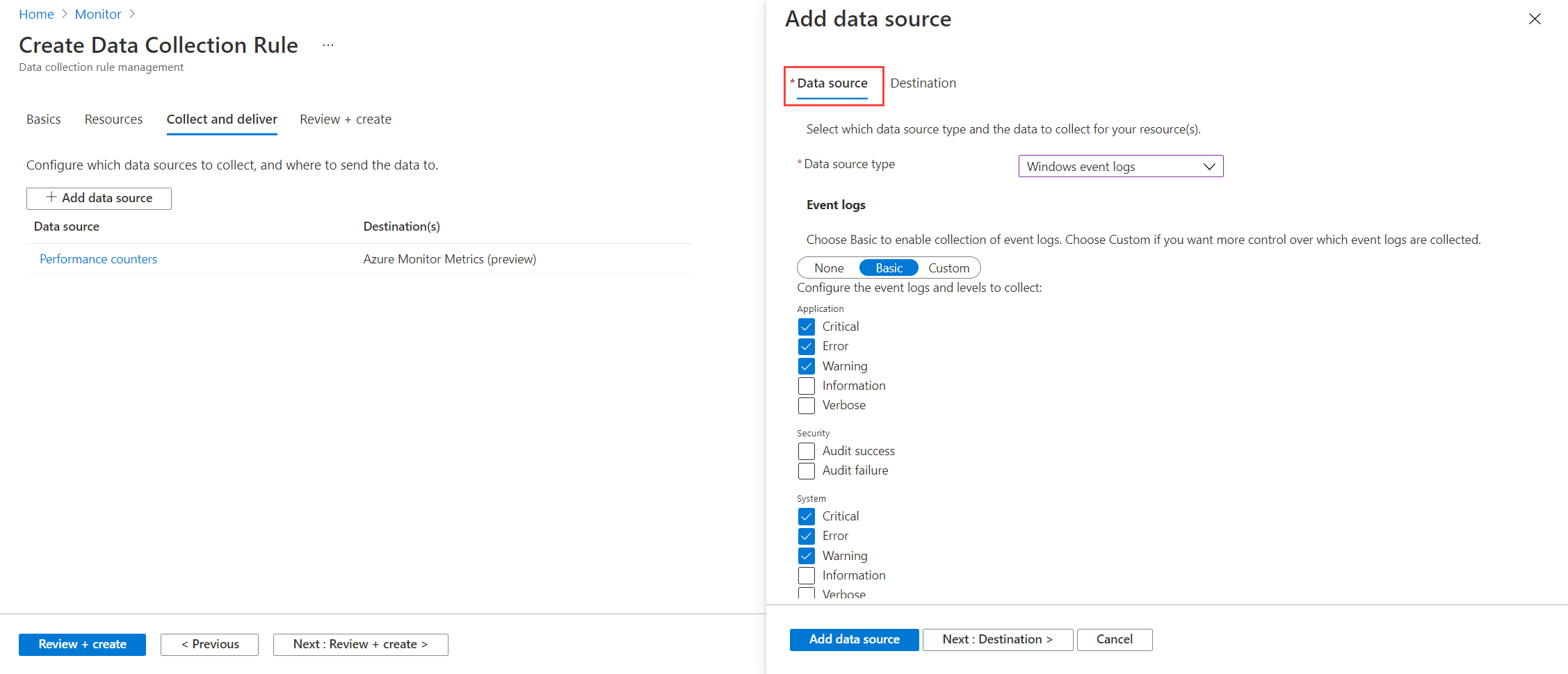 Screenshot: Datenquelle der Datensammlungsregel für Windows-Protokoll.