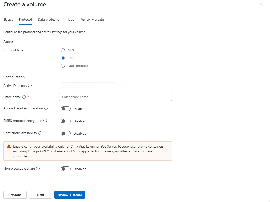 Screenshot, der die Registerkarte „Protokoll“ für die Erstellung eines SMB-Volumes zeigt.