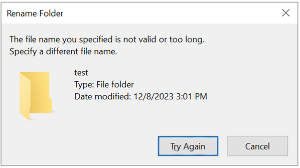 Screenshot of an invalid file name warning.