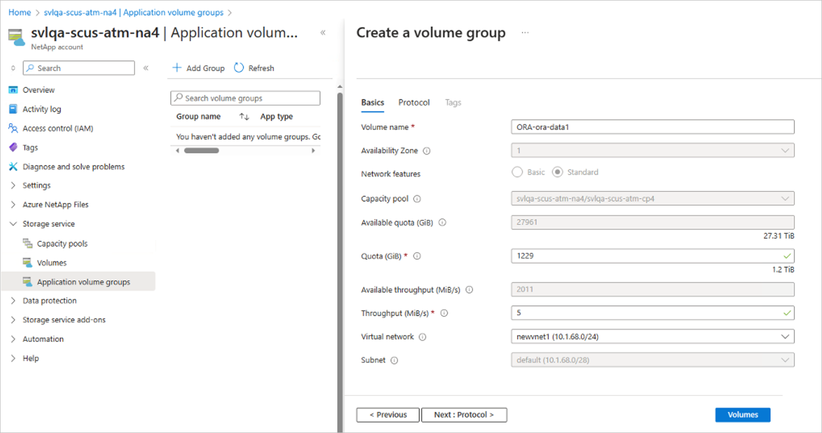 Screenshot: Registerkarte „Grundlagen“ der Seite „Volumegruppe erstellen“ für Oracle