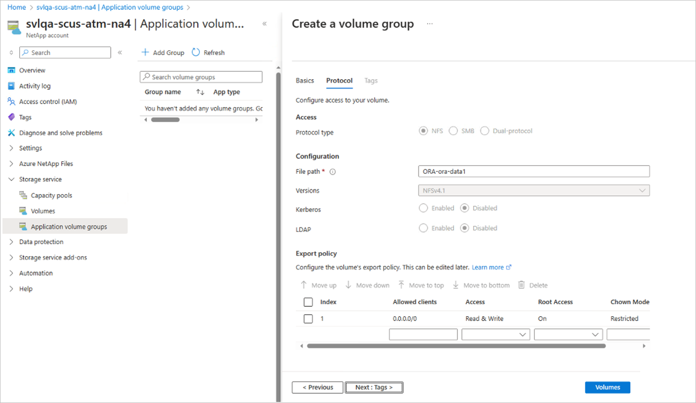 Screenshot: Registerkarte „Volumedetails – Protokoll“ der Seite „Volumegruppe erstellen“ für Oracle