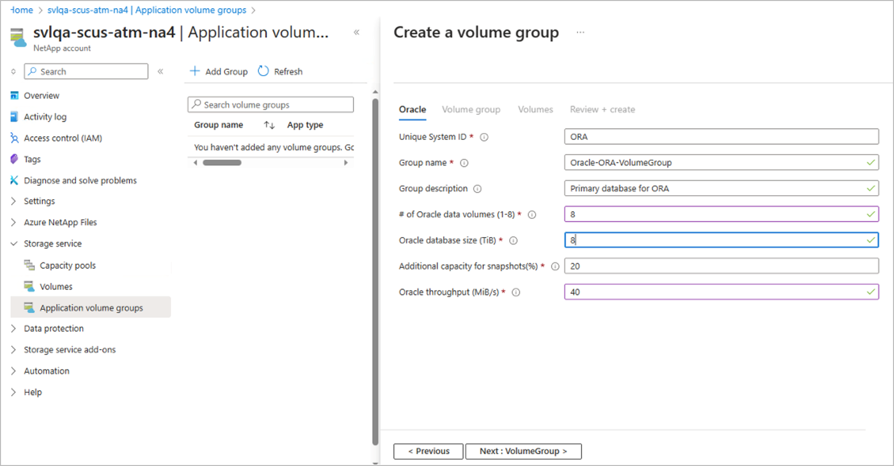 Screenshot: Oracle-Tag zum Erstellen einer Volumegruppe