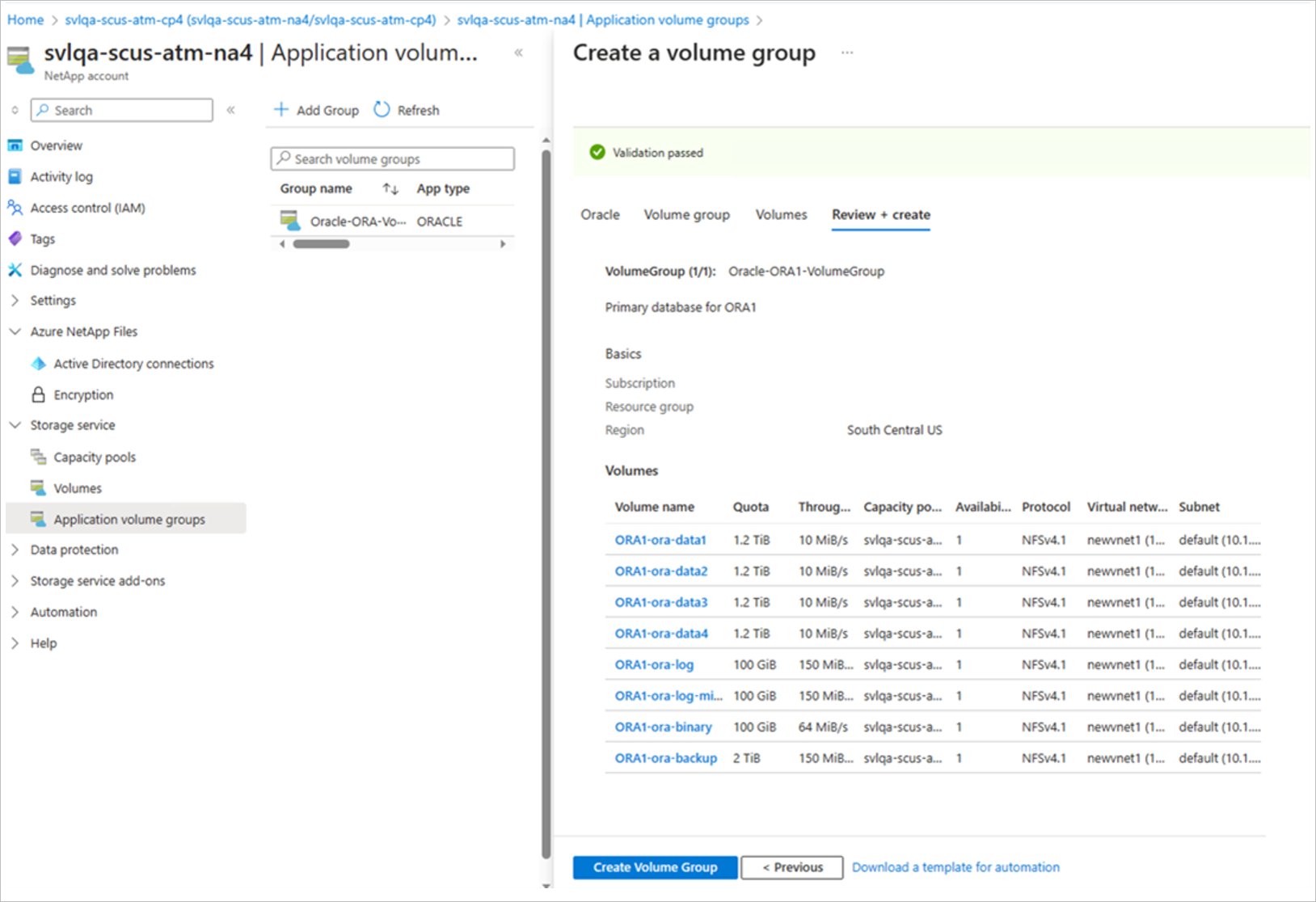 Screenshot: Registerkarte „Überprüfen und erstellen“ für Oracle