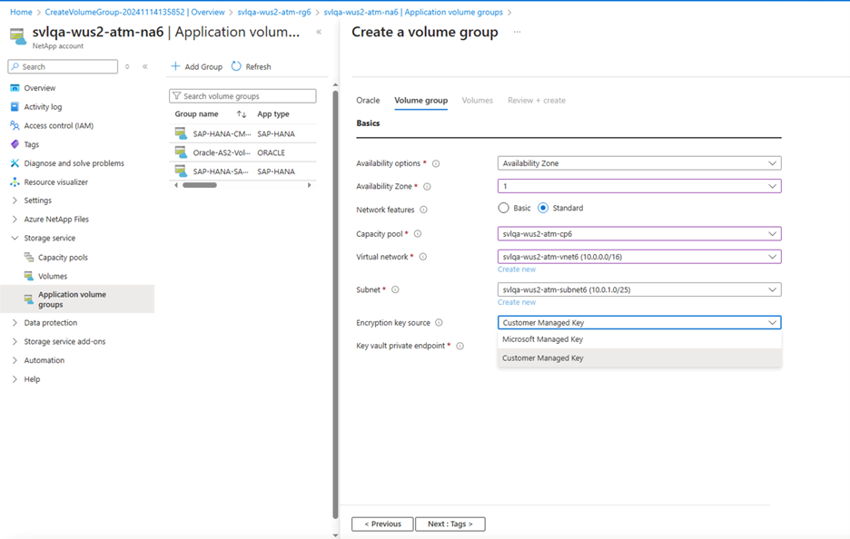 Screenshot: Volumegruppentag für Oracle