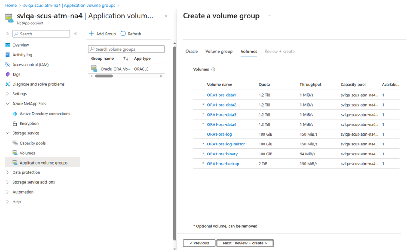 Screenshot: Liste der Volumes, die für Oracle erstellt werden