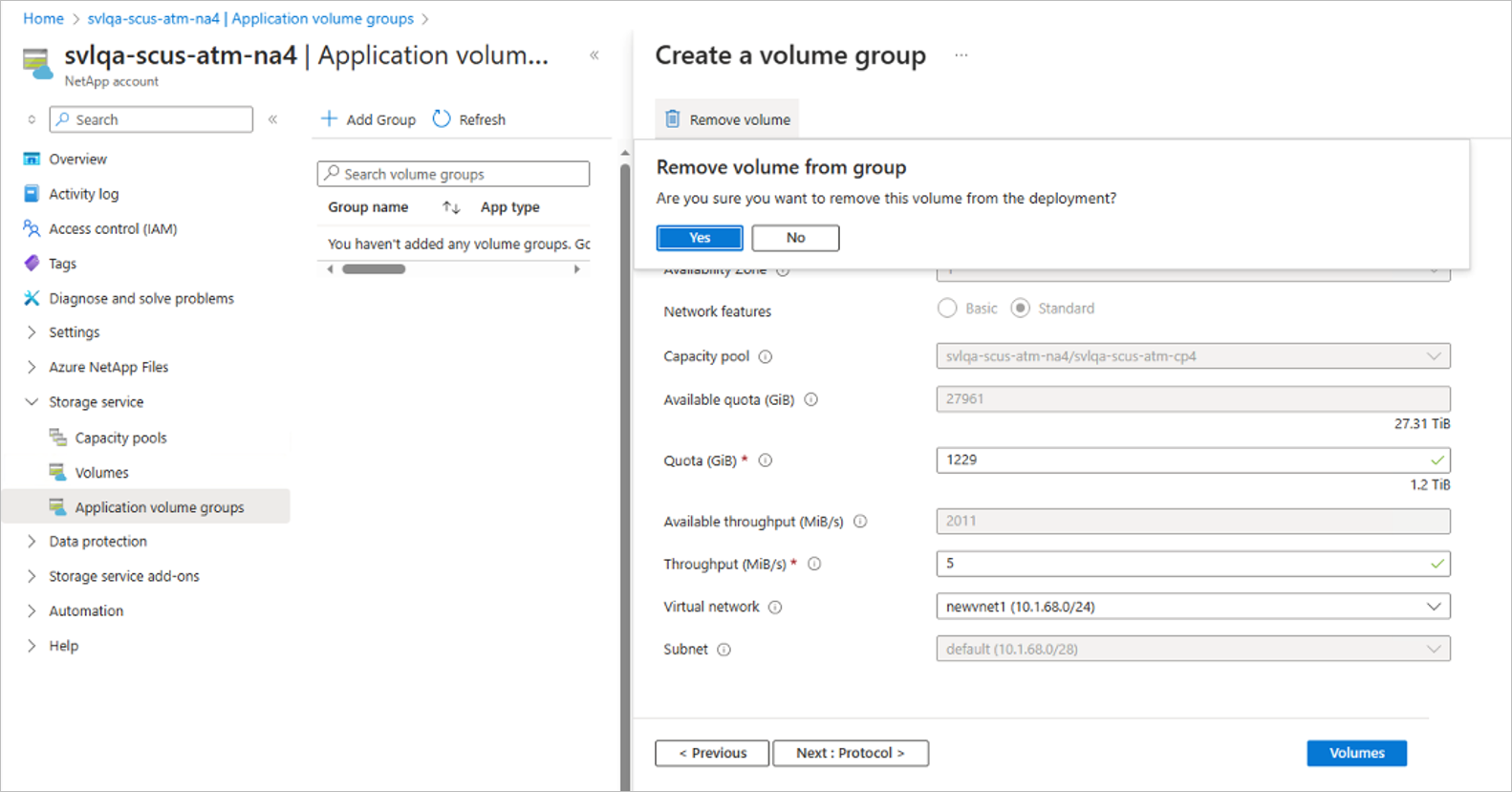 Screenshot: Bestätigung zum Entfernen eines optionalen Volumes für Oracle