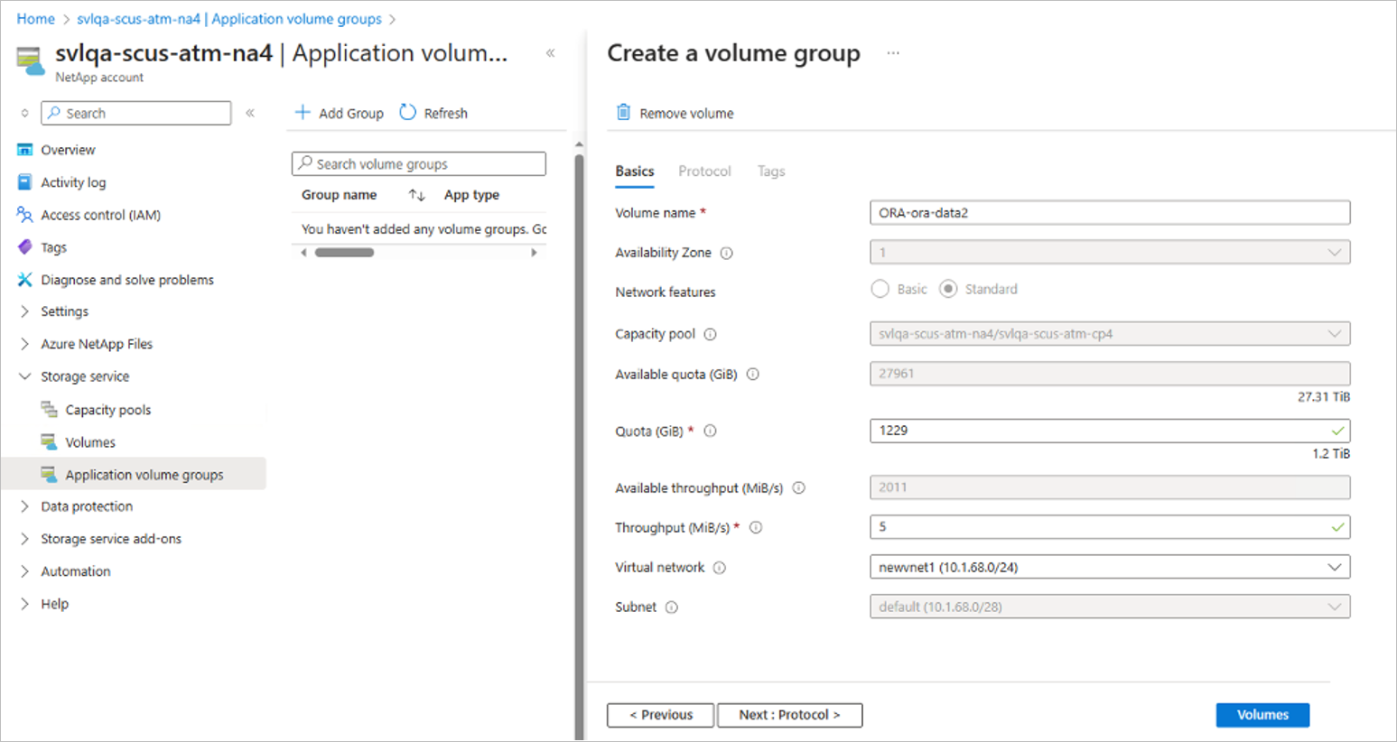 Screenshot: Entfernen eines optionalen Volumes für Oracle