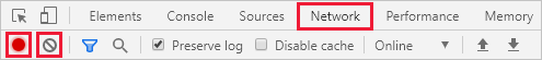 Screenshot: Optionen „Stop recording network log“ und „Clear“ auf der Registerkarte „Network“ in Chrome