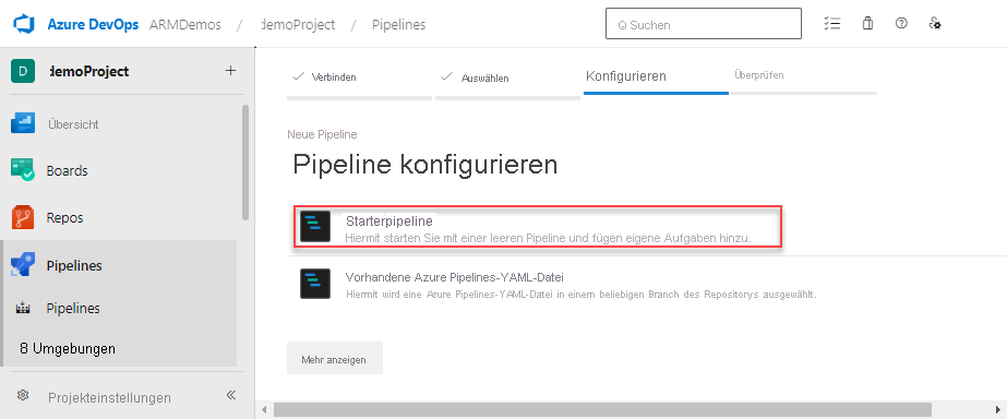 Screenshot der Auswahl der Pipeline.