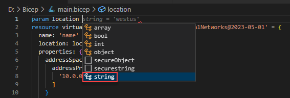 Screenshot of adding string type to parameter.