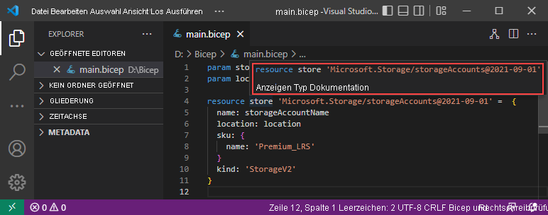 Screenshot der Visual Studio Code Bicep-Funktion „Anzeigen des Typ-Dokuments“.