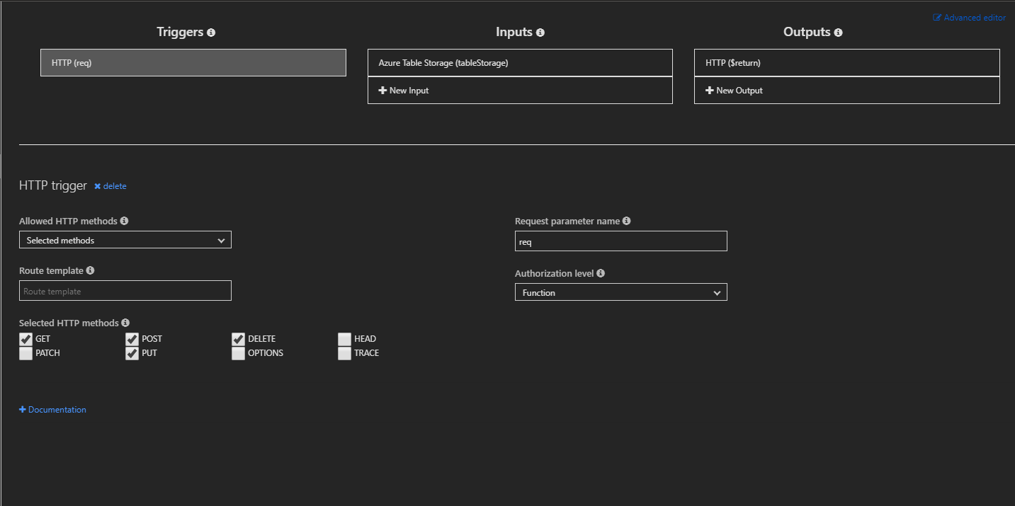 Screenshot: Registerkarte „Integrieren“ von Azure Functions mit Auswahl der RESTful-HTTP-Methoden