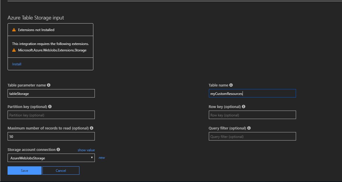 Screenshot: Registerkarte „Integrieren“ von Azure Functions mit der Konfiguration der Azure Table Storage-Bindungen