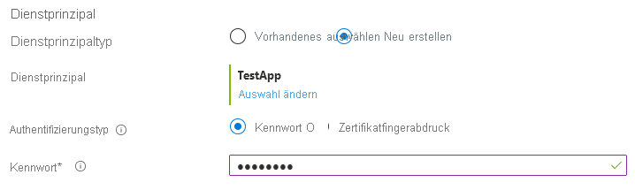 Screenshot of Microsoft.Common.ServicePrincipalSelector authentication options after registering a new application.