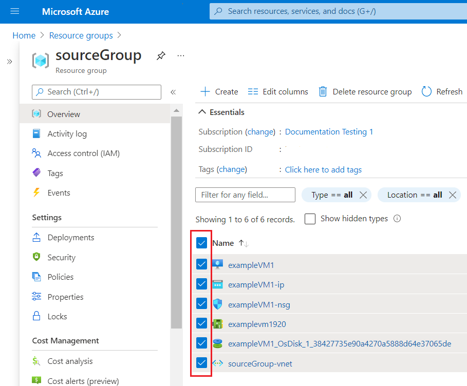 Screenshot of the Azure portal showing the selection of resources to move.