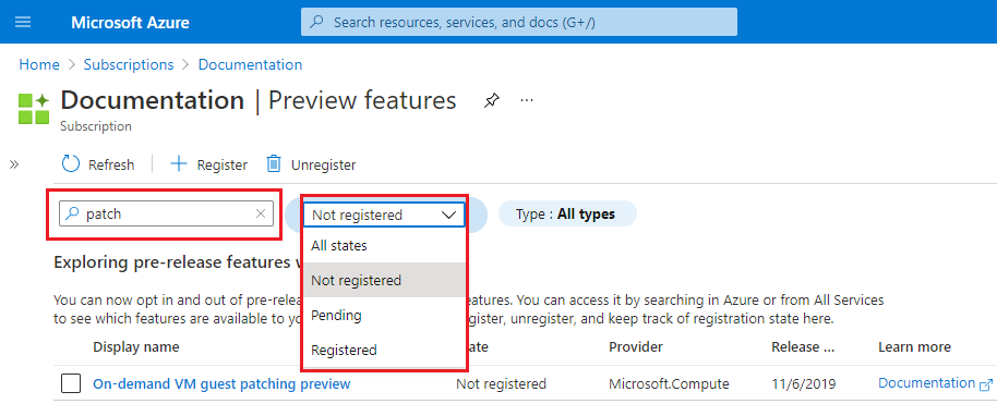 Filtern von Previewfunktionen im Azure-Portal.