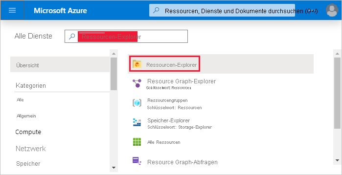 Screenshot: Auswählen von „Alle Dienste“ im Azure-Portal, um auf den Ressourcen-Explorer zuzugreifen