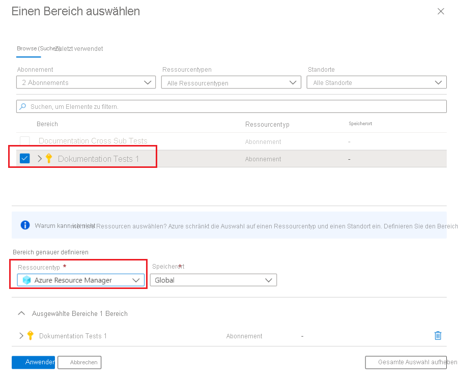 Screenshot: Auswählen eines Einzelabonnements und der Azure Resource Manager-Metrik im Azure-Portal