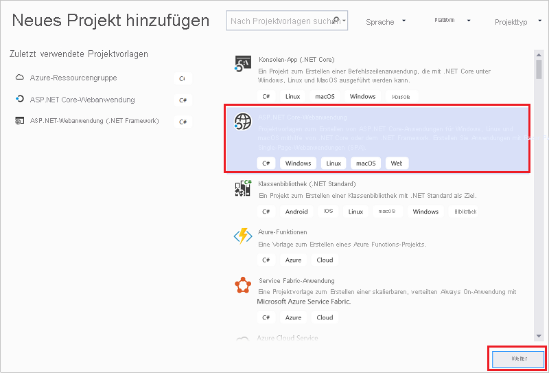 Screenshot des Fensters „Neues Projekt“ mit ausgewählter ASP.NET Core-Webanwendung.