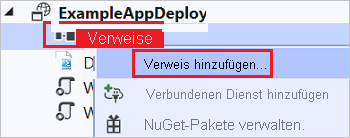 Screenshot des Kontextmenüs ExampleAppDeploy, welches die Option „Referenz hinzufügen“ hervorhebt.